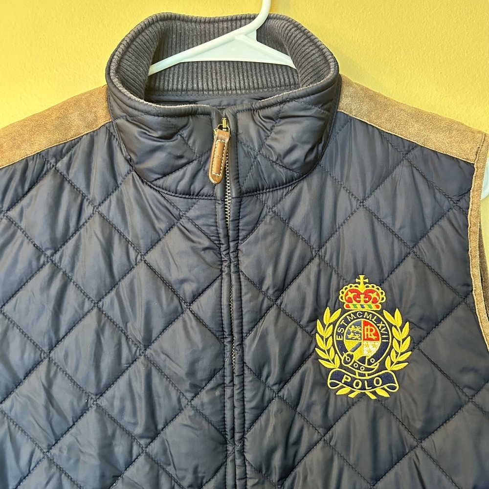 Polo Ralph Lauren Vest XL Quilted Navy Blue Brown Suede Crest Logo Classic - Picture 2 of 8